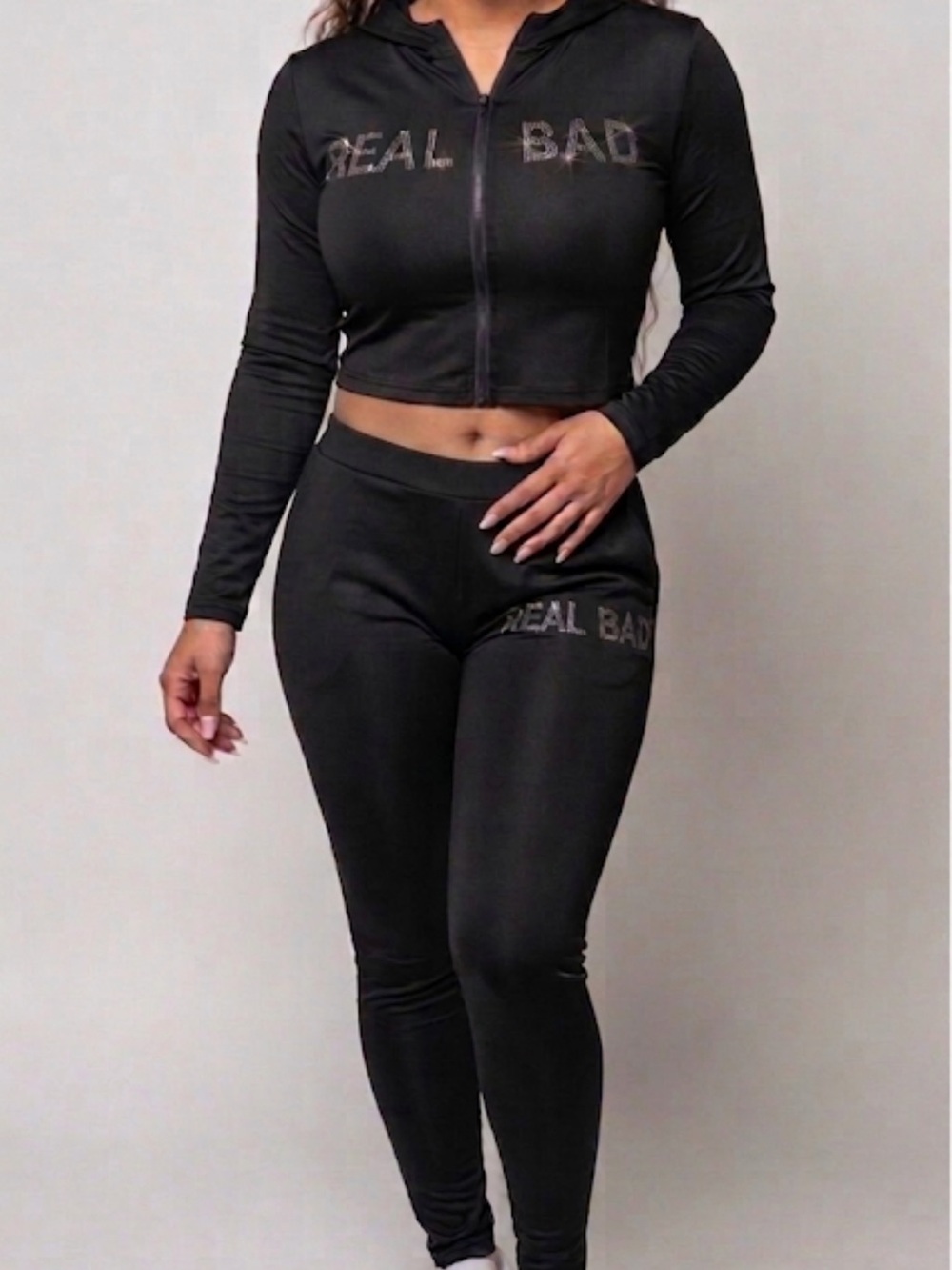 Real Bad Women's blinged Black Zip Crop Hoodie & Legging Set